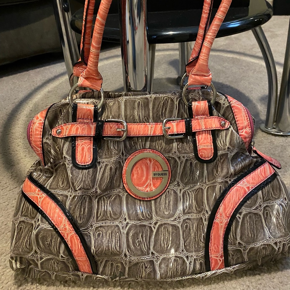 Guess Handbag/Purse - Gray with pink handles and accents